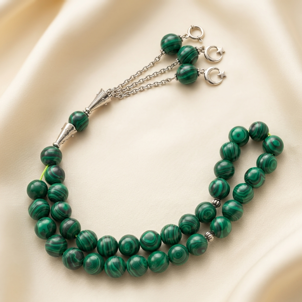 Aqeeq beads tasbeeh dark green colour  with chain